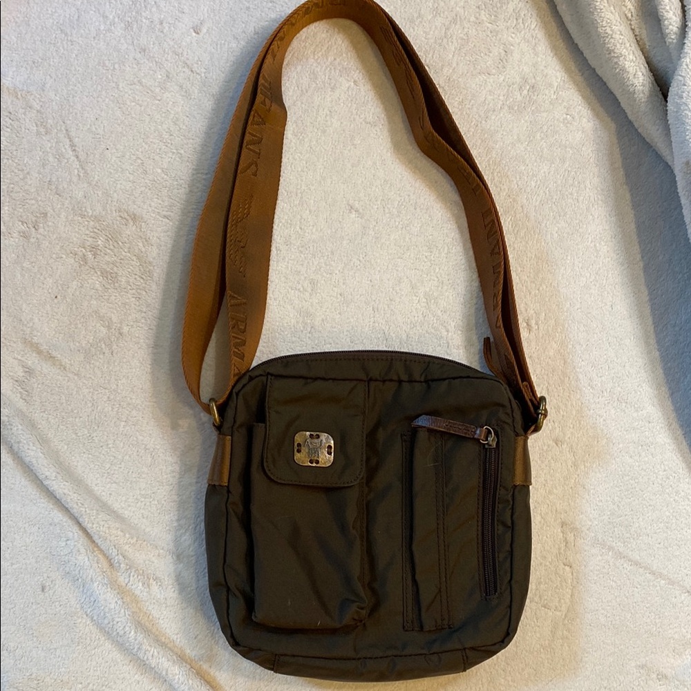 Armani Jeans brown olive canvas cross body zippered bag w/ adjustable strap